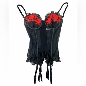 Vintage Victoria’s Secret Black Mesh Bustier Corset Red Lace Garter Lingerie 34B